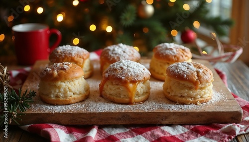 Homemade scones dusted with powdered sugar on a wooden board with holiday decorations