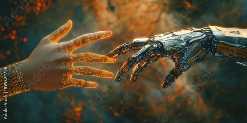 Human hand meets robotic counterpart in a symbolic gesture of AI-human collaboration. Conceptual imagery, cybertech style, future of technology.