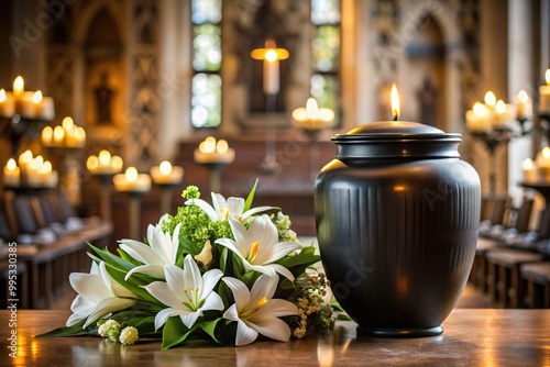 Cremation urn with white lilies and burning candles in church setting, ashes and white flowers