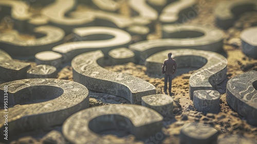 Conceptual image of a miniature figure standing at a crossroads, pondering different paths marked with oversized question marks.