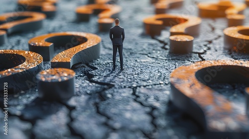 Conceptual image of a miniature figure standing at a crossroads, pondering different paths marked with oversized question marks.