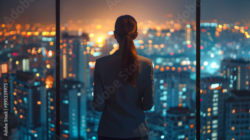 Successful Businesswoman in Stylish Suit Working on Top Floor Office Overlooking Night City. High Achievement Female CEO of Humanitarian Investment Fund, Human Face of Sustainable