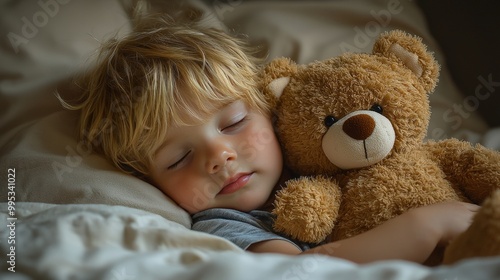 A cozy toddler peacefully sleeping with a teddy bear in a softly lit bedroom on a serene afternoon