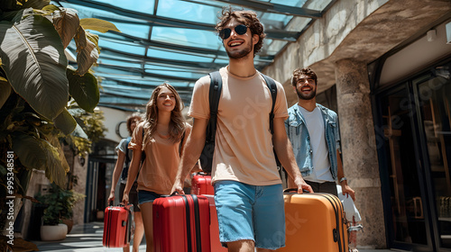 Young group of tourists with suitcases arriving at youth hostel guest house - Happy friends enjoying summer vacation together - Millenial people doing check-in at hotel lobby