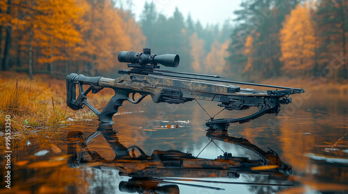 Modern camouflage crossbow is standing in water reflecting the orange colors of autumn trees