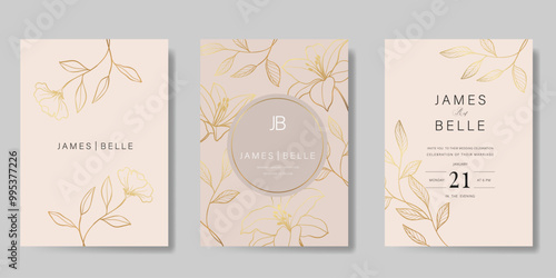 Luxury wedding invitation card vector template. pink background with gold line art, flower, leaves branches, foliage. Design illustration for vip cover, poster, rsvp modern card.