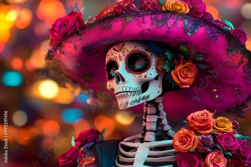 Day of the dead 3D illustration party, sugar skull or Traditional mexican music festival, fun bright dance characters.