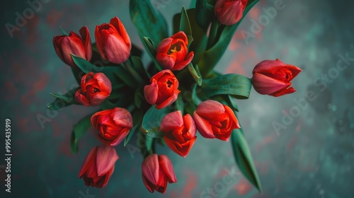 Tulip bouquet seen from above on a bright background