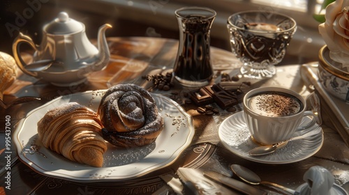 French morning meal with coffee pastry chocolate cream and decaf