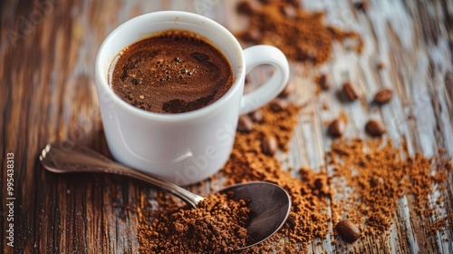 Cup of hot instant coffee on a wood table with spoon