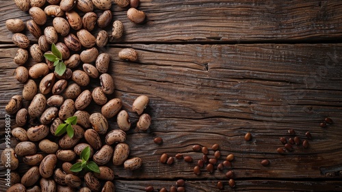 Top view background of wooden table with pinto beans