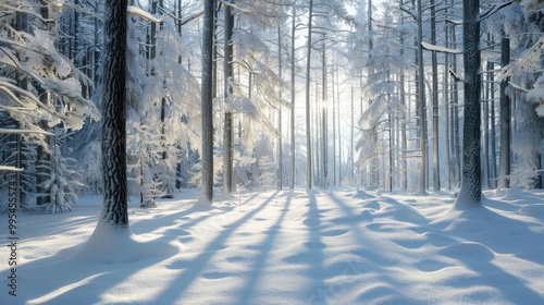 Snow covered woodland scene in cold winter