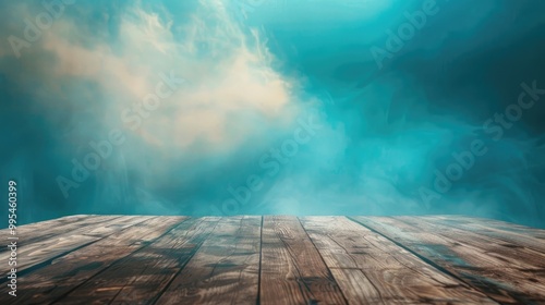 Obscured picture wooden table and abstraction of azure sky in backdrop