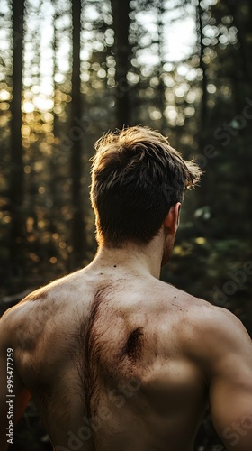 Man's Back with Hairy Skin in the Forest