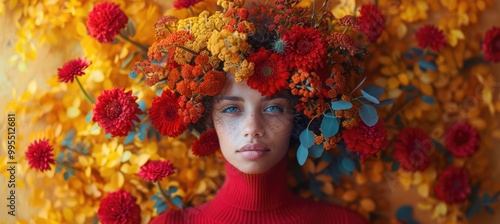 Creative Equinox Portrait of Ravishing Nascent Feminine figure with Skillful Substances Pattern in Style of Inventive Autumn Sales-oriented Woman Picture-making