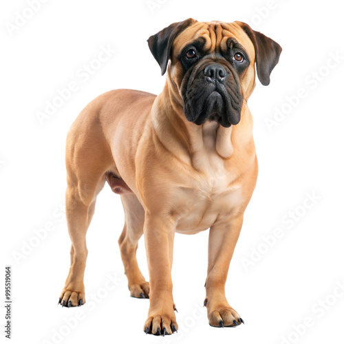 A strong and confident Bullmastiff dog standing proud on a transparent or white isolated background.