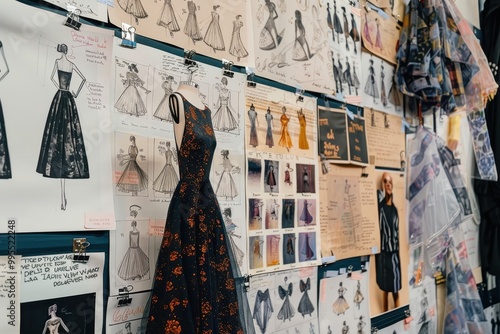 Fashion designer reviewing sketches and designs for a new collection at an art studio during a creative brainstorming session in the late afternoon