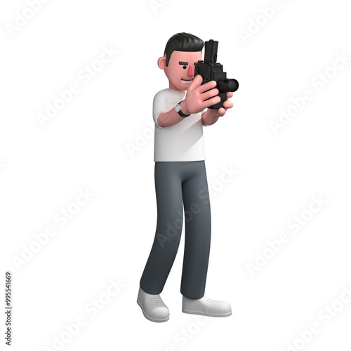 Professional Photographer 3D Cartoon. A male photographer is focusing on taking pictures using an analog camera and holding the camera with both hands. Male Visual Artist