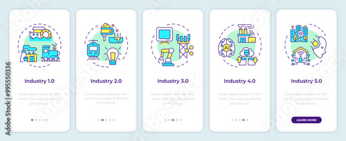 Industrial revolution onboarding mobile app screen. Walkthrough 5 steps editable graphic instructions with linear concepts. UI, UX, GUI template. Montserrat SemiBold, Regular fonts used