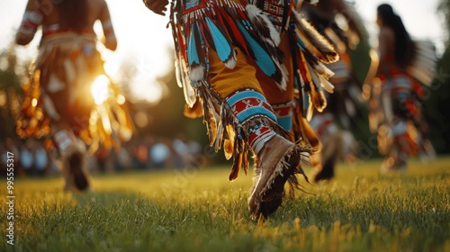 The feet of a dancer in traditional attire move across the grass during a performance.