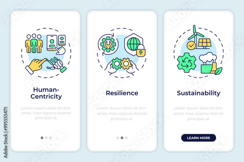 Pillars of industry 5.0 onboarding mobile app screen. Walkthrough 3 steps editable graphic instructions with linear concepts. UI, UX, GUI template. Montserrat SemiBold, Regular fonts used