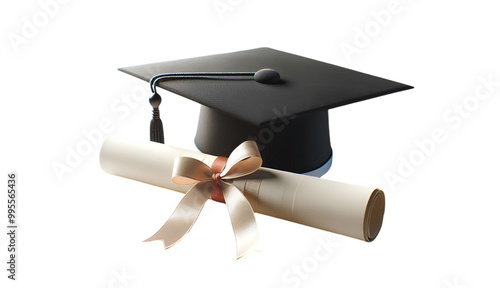 Graduation cap with diploma and academic books, symbolizing academic achievement, success, and the culmination of educational efforts.