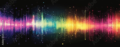 Vibrant graphic of colorful sound waves with glowing digital effects on a dark background, representing music and technology