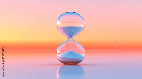 A futuristic hourglass with transparent glass and silver sand falling representing the inevitable passage of time in a modern context Large space for text in center Stock Photo with copy space