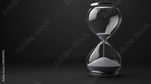 A futuristic hourglass with transparent glass and silver sand falling representing the inevitable passage of time in a modern context Large space for text in center Stock Photo with copy space