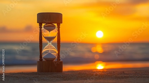 An hourglass in front of a sunset symbolizing the end of a day and the passage of time towards inevitable change Large space for text in center Stock Photo with copy space