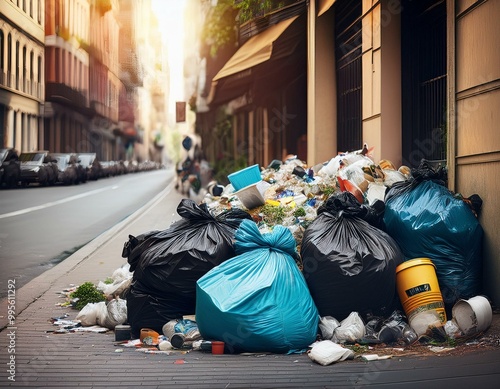 Bolsas de basura sobre la acera en una calle de ciudad