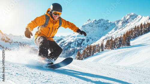 Man enjoying snowboarding in mountain ski resort with amazing winter landscape banner. Male snowboarder on slope with professional equipment on sunny day Man carving down slope against clear blue sky