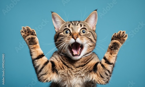 Cat with paws raised in the air looking shocked and startled