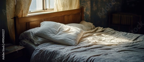 Cozy and inviting bedroom scene with rumpled sheets and soft pillows, illuminated by natural light from a nearby window.