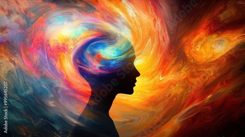 A vibrant abstract representation of thoughts and creativity, showcasing colorful swirls emanating from a silhouette's head.