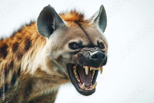 Spotted Hyena Growling A close-up of a spotted hyena growling, exposing its sharp teeth and fierce expression.