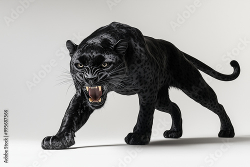 Black Panther Stalking A sleek black panther prowling forward, showcasing its predatory instincts in a low, cautious stance.