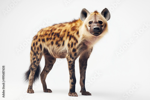 Spotted Hyena Looking Forward A spotted hyena standing upright, looking forward with a calm yet cautious expression.