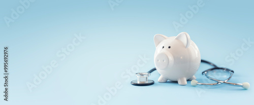 Piggy bank with stethoscope background, medical insurance or money health checkn concept