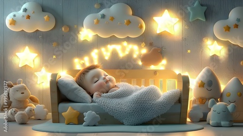 Adorable cartoon infant peacefully napping in a cozy, fluffy crib surrounded by soft colors and gentle patterns.