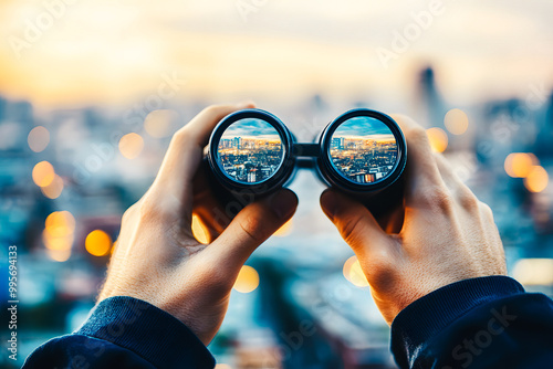 Vision d'un homme d'affaires avec des jumelles sur la ville