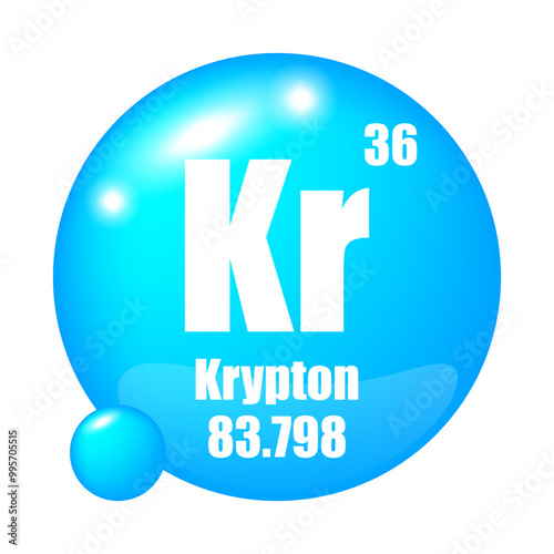 Krypton icon. Kr chemical element. Atomic number 36. Mass 83.798. Blue sphere