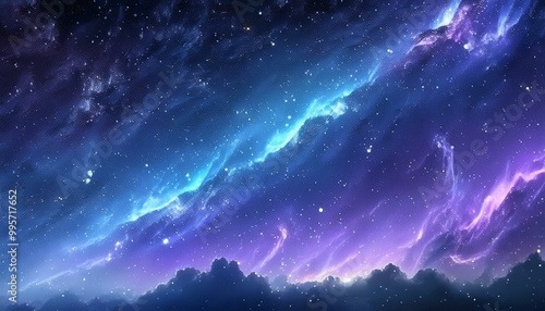 Beautiful fantasy starry night sky, blue and purple colorful, galaxy and aurora 4k wallpaper. cosmic watercolor illustration. Colorful space background with stars