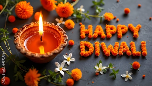 oil lamp with Happy Diwali text mede with Marigold flowers, Sustainable Diwali celebrations.