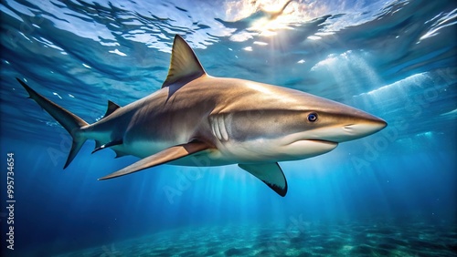 A bronze whaler shark's head and dorsal fin slice through clear blue water, its rugged texture blending seamlessly with the aquamarine backdrop.