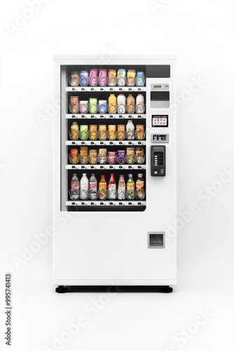 Blank White Vending Machine Mockup Isolated on Solid White Background, Filled with Snacks and Drinks for Clean and Neutral Presentation