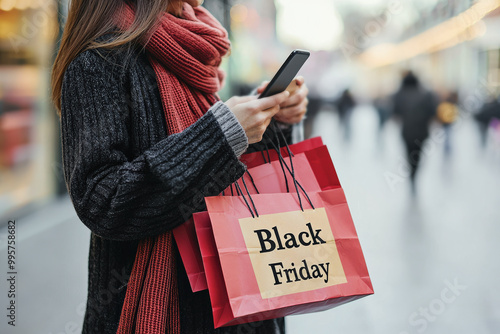 primer plano de una irreconocible mujer con un movil y bolsas de la compra rojas con la inscripcion " Black Friday" en una de ellas