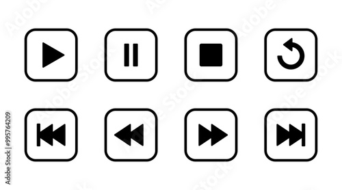 Play, pause, stop, repeat, previous and next button icon on square line