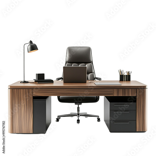 Modern wooden office desk with a black leather chair and a laptop on a white background