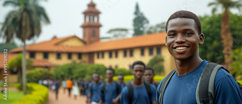 A smiling student stands proudly in front of a historic school, showcasing camaraderie and youthful spirit on campus.